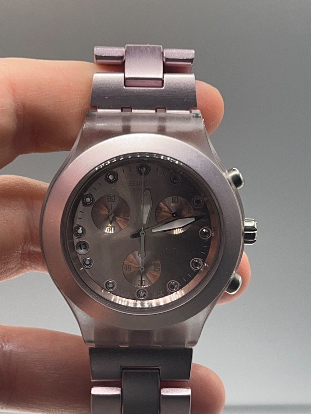 Swatch Metallic Pink Chronograph with Crystal Markers